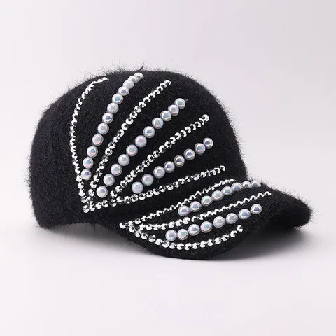 Casquette de Baseball Femme en Tricot de Cachemire de Vison Chaud d'Hiver Ornée de Strass et Perles Artificielles Visière Courbée Mode