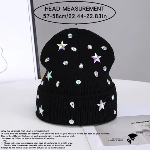 Gorro de Punto de Acrílico de Moda para Mujer con Adorno de Strass y Perlas Artificiales Ala Vuelta Cálido Otoño Invierno