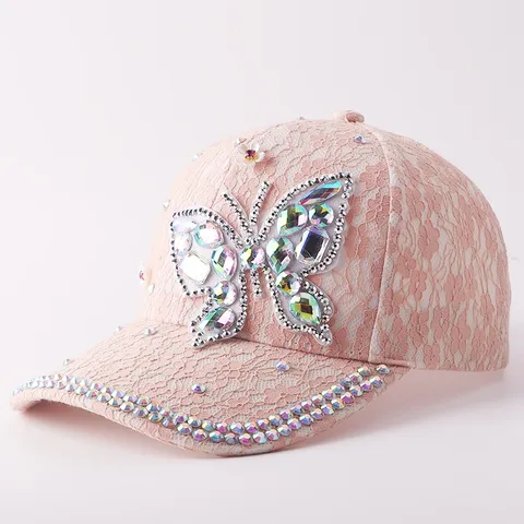 Casquette de Baseball Élégante en Dentelle avec Papillon en Strass Mode Chapeau de Soleil à Paillettes Réglable pour Femmes