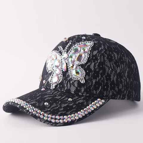 Casquette de Baseball Élégante en Dentelle avec Papillon en Strass Mode Chapeau de Soleil à Paillettes Réglable pour Femmes