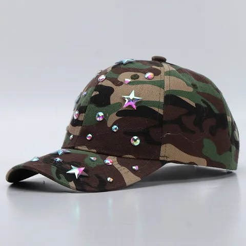 Cappellino da Baseball con Strass Mimetico da Donna Cappello Camo Gradiente con Borchie a Stella Parasole Regolabile per Sport all Aperto