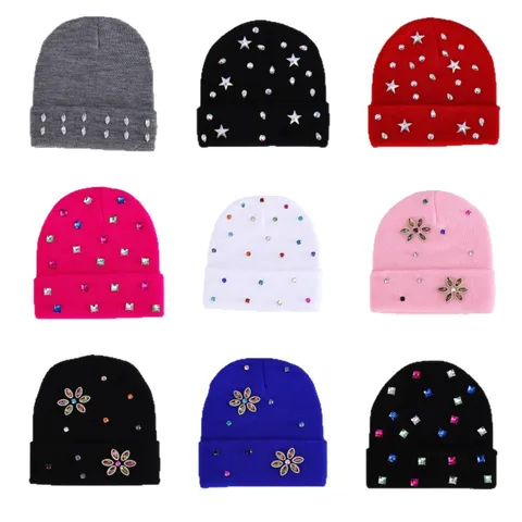 Gorro de Punto de Acrílico de Moda para Mujer con Adorno de Strass y Perlas Artificiales Ala Vuelta Cálido Otoño Invierno