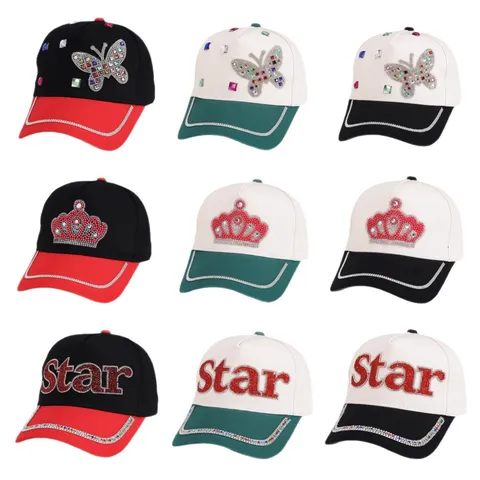 Gorra de Béisbol para Mujer con Diamantes de Imitación Mariposa Corona Estrella Bloque de Color Sombrero de Sol Moda Mezcla de Algodón Ala Curva