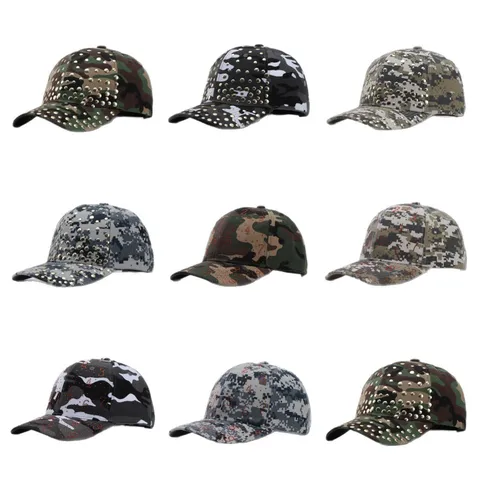 Berretto da Baseball Mimetico da Donna Alla Moda con Borchie Strass Cappello Regolabile Parasole Outdoor Hip Hop Fashion