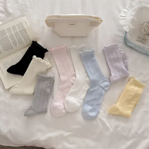 Japanischer Stil Damen Seide Slouch Socks Rüschen Spitzenborte Netz Ajouré Atmungsaktiv Wadenlang Socken Einfarbig Dünn Crew Socken
