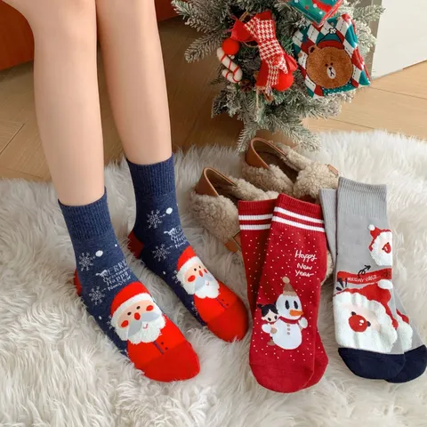 Damen Cartoon Weihnachten Baumwollsocken Festlicher Stil Weihnachtsmann Elch Baum Muster Wadenhoch Atmungsaktiv Freizeitsocken