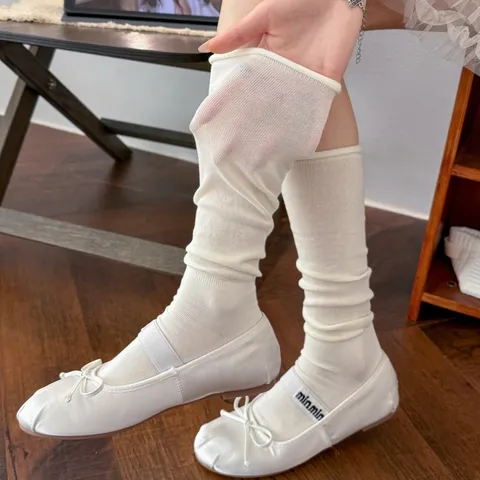 Calzettoni al Polpaccio in Cotone Sottile da Donna Stile Coreano Bordo Arrotolato Calze al Ginocchio Tinta Unita Stile Balletto