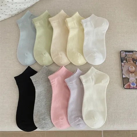 Damen Baumwollmischung Kurzsocken Atmungsaktiv Einfarbig Gerippt Lässig Ankle Socken Für Sommer Alltag Mode