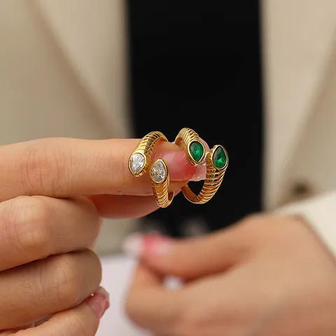 18K Gold Plated Titanium Steel Snake Ring For Women Double Layer Rhinestone Inlaid Open Ring European INS Style Fashion Jewelry