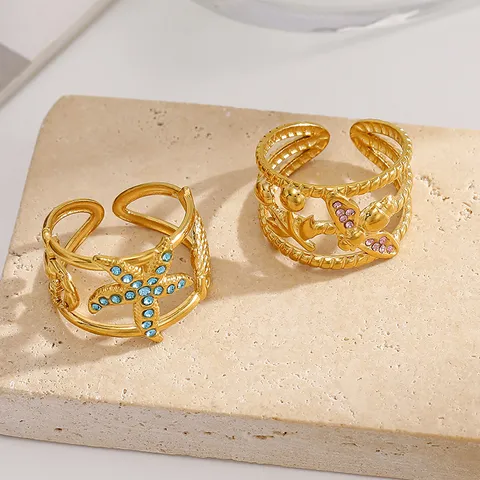 Fashion Stainless Steel 18K Gold Plated Marine Series Starfish Shell Open Ring For Women Rhinestone Inlaid Beach Jewelry
