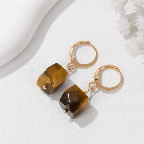 Natural Stone Birthstone Drop Earrings For Women Geometric Handmade Alloy Gold Plated Crystal Amethyst Aquamarine Jewelry Gift