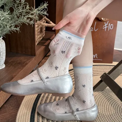 Korean Style Floral Print Bowknot Button Mesh Lace Ruffle Mid Tube Socks Women Sweet Cotton Casual Crew Socks