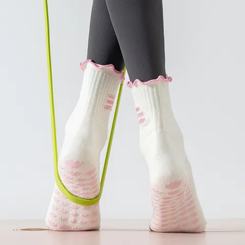 Calcetines de Yoga Pilates Antideslizantes para Mujer de Algodón Transpirable Calcetines Deportivos con Agarre y Ribete Volante para Gimnasio