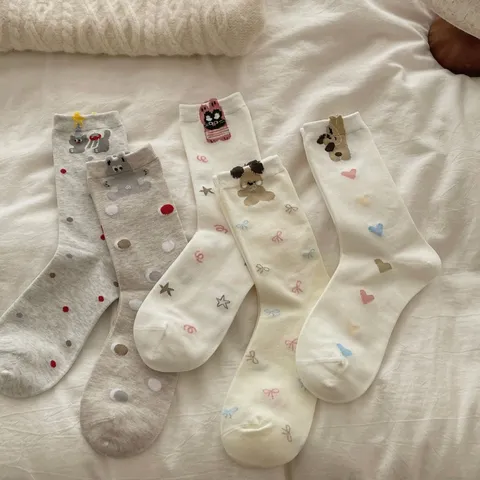 Calcetines Cortos de Algodón Cartoon Lindo para Mujer con Orejas 3D Topos Coloridos Casual Diario