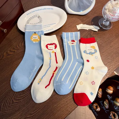 Calze al Polpaccio con Stampa Orsetto Carino da Donna Stile Dolce Cotone Lavorato a Maglia Casual Traspirante