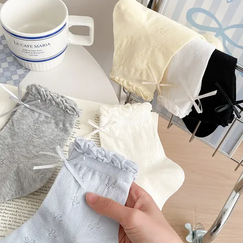 Women Sweet Cute Bubble Cuff Lace Bow Socks Summer Thin Breathable Mesh Short Cotton Socks Japanese Style Casual Hosiery