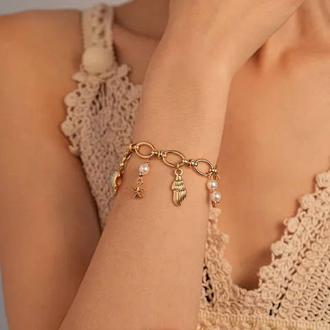 Ocean Theme Drip Oil Charm Bracelet For Women Gold Silver Starfish Shell Artificial Pearl Tassel Beach Jewelry Bracelet