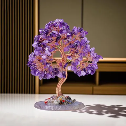Albero della Fortuna in Cristallo Fatto a Mano Base in Agata Naturale Ametista Citrino Quarzo Rosa Albero Decorativo Ufficio Casa