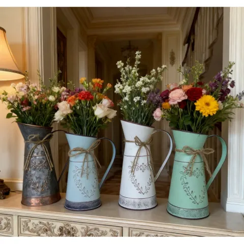 Vintage Iron Pitcher Vase With Leaf Heart Relief Distressed Shabby Chic Flower Jug For Home Wedding Party Decor