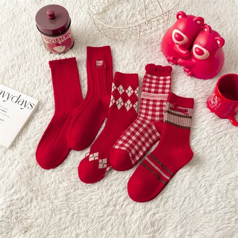 Damen Retro Festliche Rote Baumwolle Crew Socken Rautenmuster Kariert Warme Gestrickte Wadenlange Socken Gemütliche Winter Feier Strumpfwaren