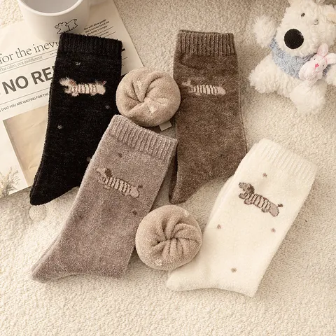 Women Cartoon Dog Embroidered Fleece Lined Thickened Mid-Tube Socks Winter Cozy Home Warm Casual Indoor Sleeping Soft Socks