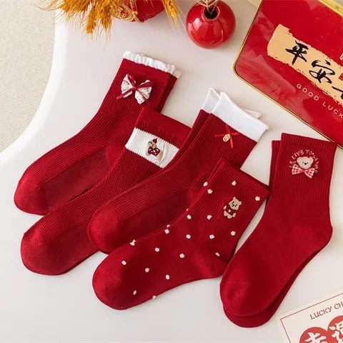 Women Red Mid-Calf Socks Festive New Year Embroidered Bear Dog Cotton Socks With Bowknot Polka Dot For Wedding Gift