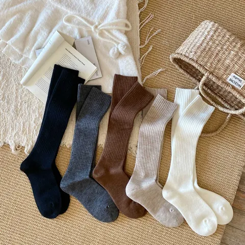 Calcetines de Media Pantorrilla Acanalados para Mujer Espesos Cálidos de Mezcla de Lana Color Sólido Estilo Coreano Minimalista Punto Calcetines Altos Uso Diario Casual