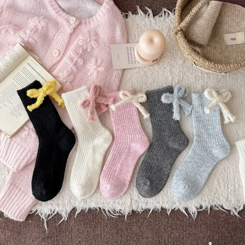 Calze di Lana con Fiocco Dolce Donna Inverno Spesse Calde Stile Coreano Tinta Unita a Maglia per Ragazze