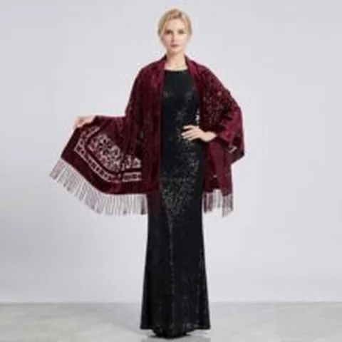 Bohemian Fluweel Jacquard Kwast Lange Sjaal Vrouwen Vintage Opengewerkte Stola