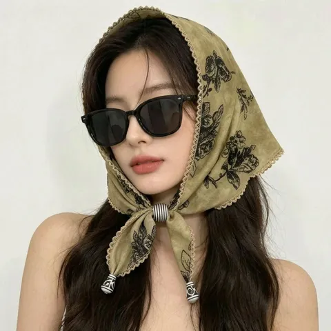 Vintage Paisley Floral Triangle Scarf Lightweight Breathable Headwear With Lace Trim And Beads