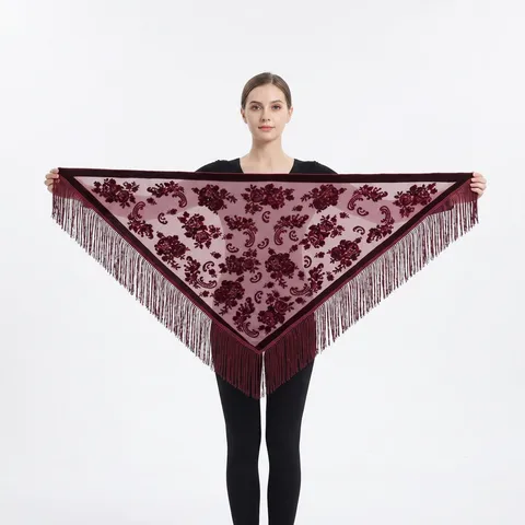 Dames Vintage Etnisch Bloemen Jacquard Fluweel Sjaal Kwast Driehoekige Doek Elegante Winter Warm Mantel