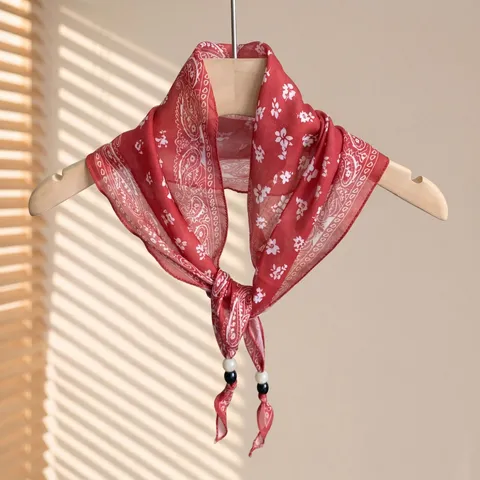 Dames Vintage Bloemen Paisley Kleine Sjaal Elegante Polyester Halsdoek Met Kraal Accent Mode Sjaal Accessoire