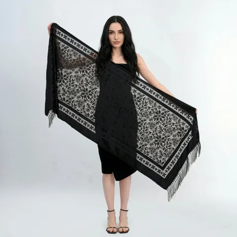 Bohemian Fluweel Jacquard Kwast Lange Sjaal Vrouwen Vintage Opengewerkte Stola
