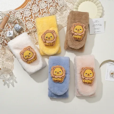 Kinder Winter Imitatie Konijnenbont Sjaal Schattige Cartoon Leeuw Borduurwerk Kruis Nekwarmer Zachte Warme Pluche Sjaal Voor Peuter Jongens Meisjes