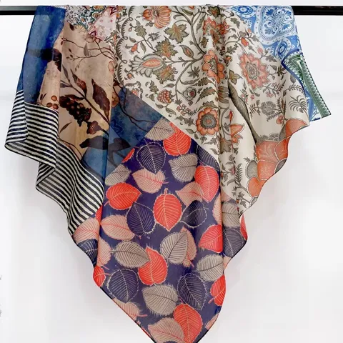 Vrouwen Zijde Katoen Mix Grote Vierkante Sjaal Artistieke Bloemen Print Mode Sjaal Strandwikkel Hoofddoek