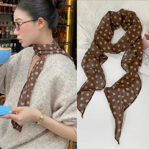 Dames Retro Polka Dot Lange Sjaal Lichtgewicht Satijn Nek Sjaal Mode Haarband Elegante Veelzijdige Sjaal