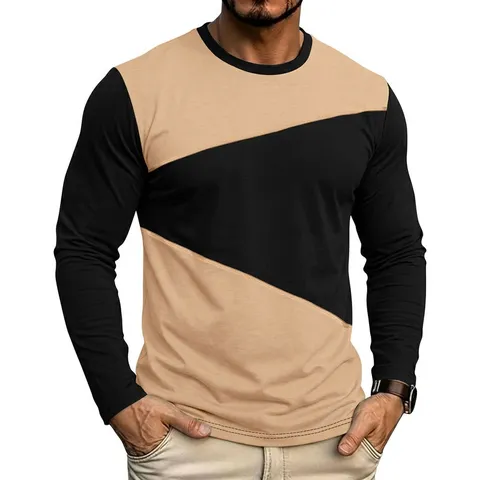 Maglietta da Uomo Casual Slim Fit Manica Lunga Color Block Girocollo Misto Cotone