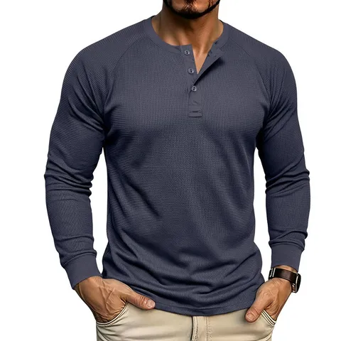 Men's Long Sleeve Henley Shirt Casual Waffle Knit Pullover Top With Three Button Solid Color Regular Fit Spring Autumn