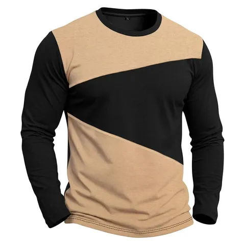Maglietta da Uomo Casual Slim Fit Manica Lunga Color Block Girocollo Misto Cotone