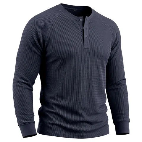 Men's Long Sleeve Henley Shirt Casual Waffle Knit Pullover Top With Three Button Solid Color Regular Fit Spring Autumn
