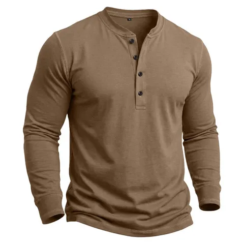 Herren Casual Reine Baumwolle Langarm Henley Shirt Einfarbig Regular Fit Herbst Winter Basic Pullover T-Shirt