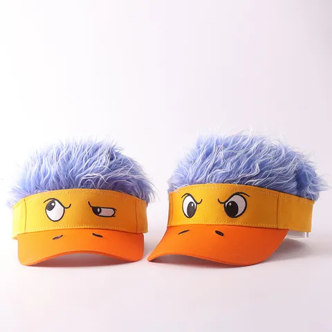 Funny Cartoon Expression Visor Hat With Colorful Synthetic Wig Adjustable Novelty Sun Hat For Party Outdoor