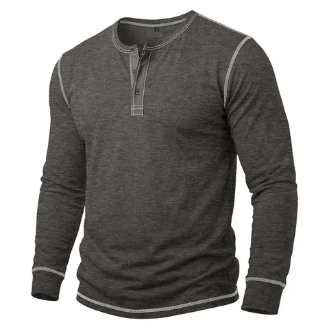 Herren Retro Casual Langarm Henley Shirt Baumwollmischung Einfarbig Regular Fit Basic Top