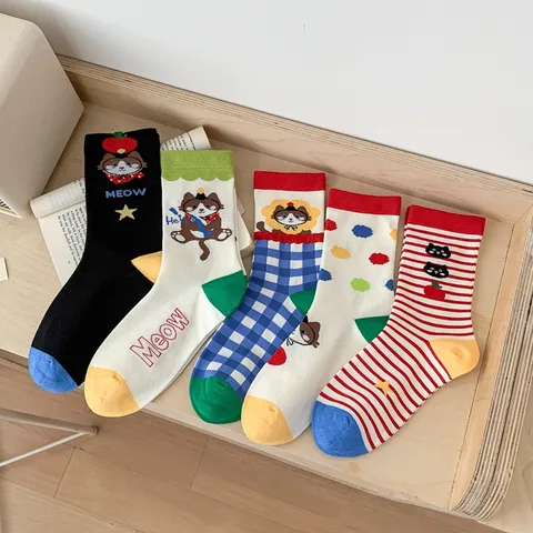 Calcetines de Media Caña de Algodón con Estampado de Gato de Dibujos Animados Lindo para Mujer Diseño Retro de Bloque de Color