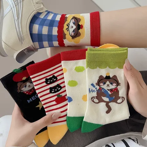 Calcetines de Media Caña de Algodón con Estampado de Gato de Dibujos Animados Lindo para Mujer Diseño Retro de Bloque de Color