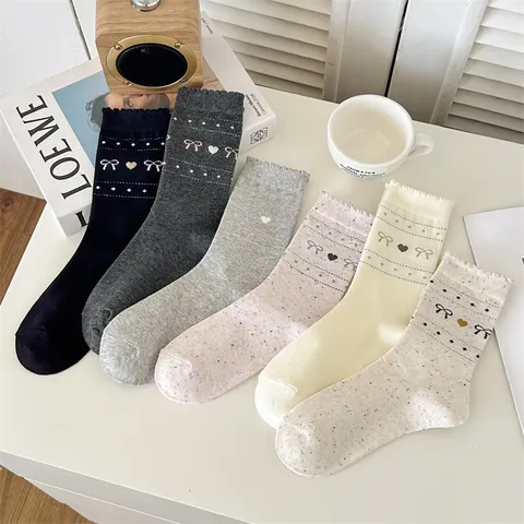 Christmas Fair Isle Snowflake Bow Women Cotton Slouch Socks Sweet Cute Vintage Casual Mid Tube Socks Daily Wear