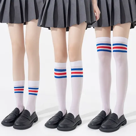 Chaussettes Hautes en Velours pour Femmes Style Collège Étudiant JK Japonais Trois Bandes Chaussettes de Mollet au Dessus du Genou Printemps Été