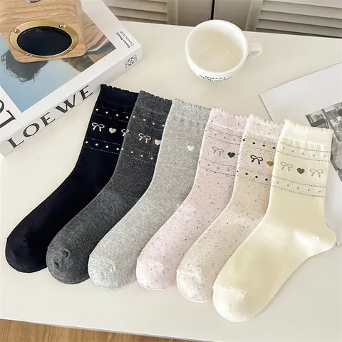 Christmas Fair Isle Snowflake Bow Women Cotton Slouch Socks Sweet Cute Vintage Casual Mid Tube Socks Daily Wear