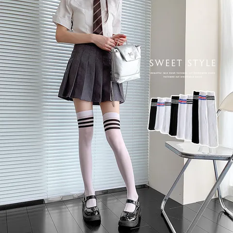 Chaussettes Hautes en Velours pour Femmes Style Collège Étudiant JK Japonais Trois Bandes Chaussettes de Mollet au Dessus du Genou Printemps Été