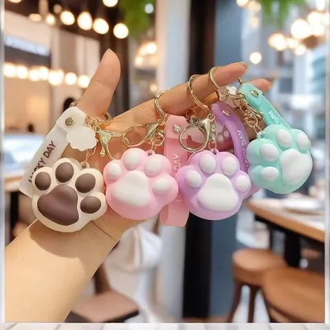 Cute 3D Cat Paw Keychain Soft PVC Keychain Macaron Color Wrist Strap Bag Charm Car Key Ring Gift For Girls Women